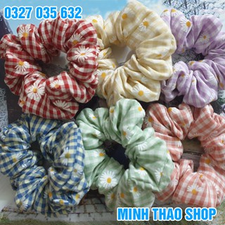 Dây Buộc Tóc Scrunchies Vải Caro Hoa Cúc Phong Cách Hàn Quốc Cho Nữ
