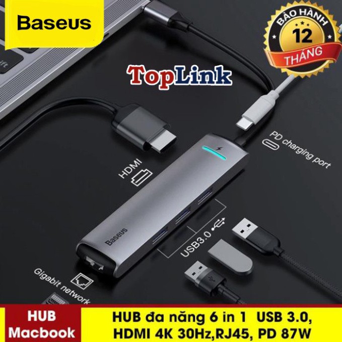 HUB Đa Năng Baseus 6 In 1 USB 3.0 RJ45 Carder Đầu Đọc OTG Adapter Cho MacBook Pro - HUB Splitter Huawei Matebook