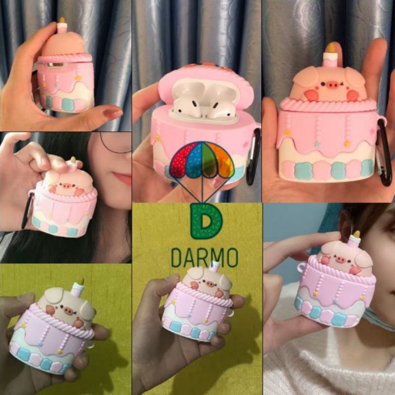 Case bảo vệ Airpods Pro/1/2/ Freebuds 3/ vivo neo/ lollipods lợn piko trong bánh gato hồng