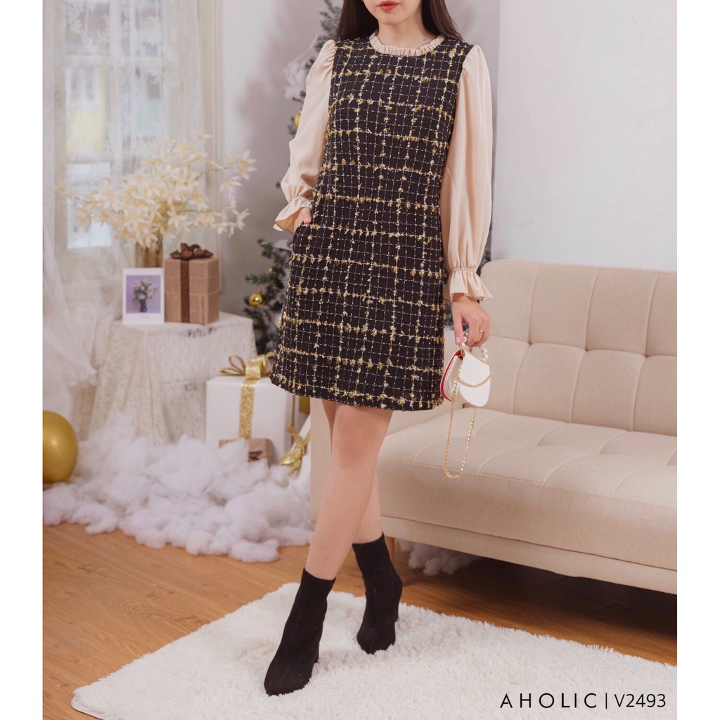 [Mã WAJAN27 hoàn 15% xu đơn 300k] ĐẦM DẠ TWEED DÁNG SUÔNG PHỐI TAY LỤA ĐI LÀM ĐI CHƠI AHOLIC V2493 | BigBuy360 - bigbuy360.vn