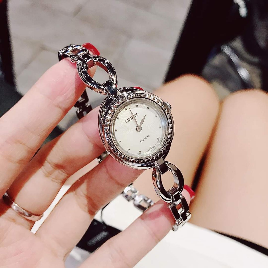 Đồng hồ Nữ Citizen Eco Drive EX1440-61D Mặt trắng-Năng lượng ánh sáng-Dây kim loại cao cấp-Size 24mm