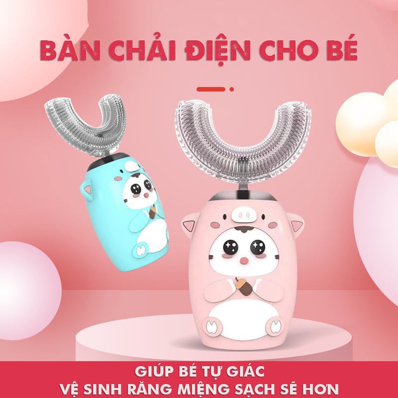 Bàn chải đánh răng điện trẻ em, máy đánh răng chữ U tự động đánh sạch, không làm đau răng/nướu bé + Cáp sạc