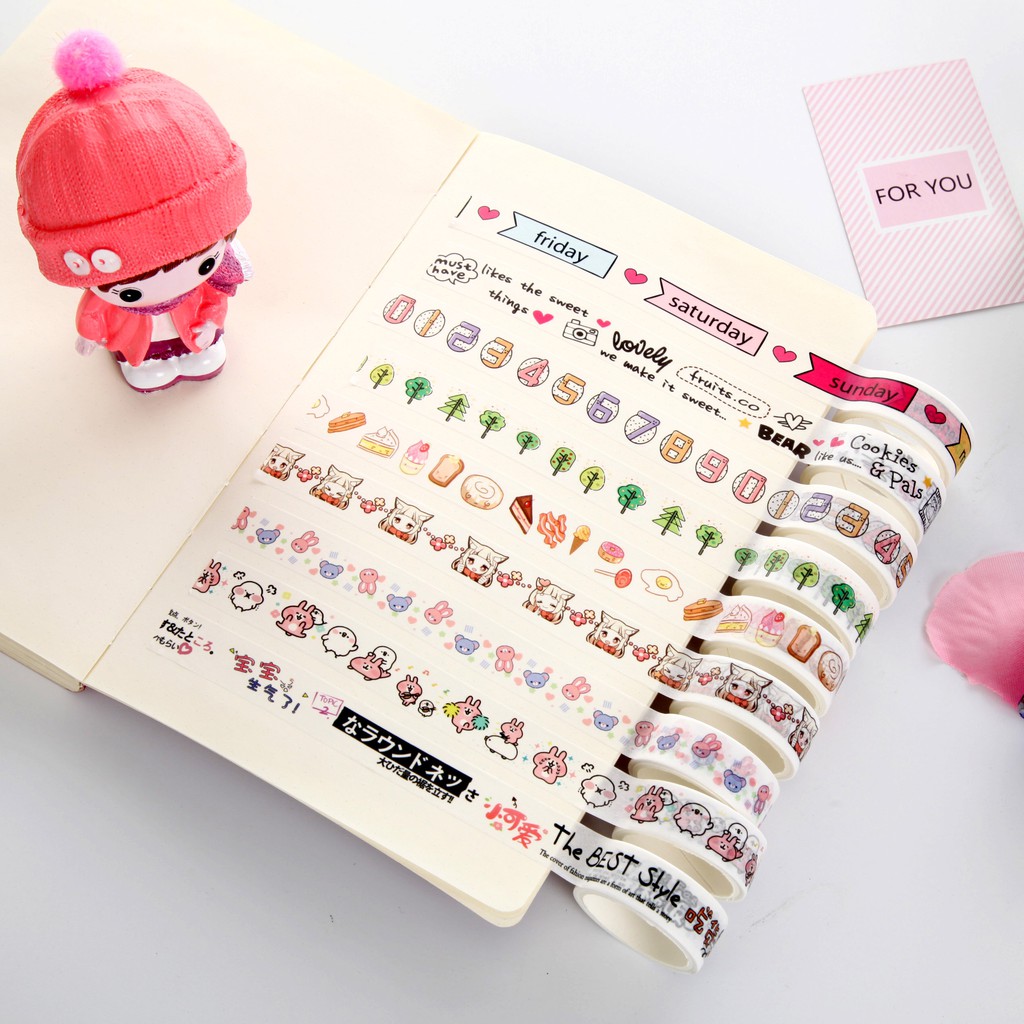 Bộ 10 Cuộn Băng Keo In Họa Tiết Dễ Thương Xinh Xắn Đa Dụng