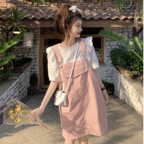 [LININ] Set Áo Sơ Mi Ren Liền Váy Yếm Denim Dáng Rộng Thời Trang Mùa Hè Cho Nữ