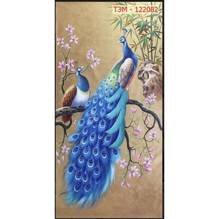 Tranh chim công dán tường 3d. tranh in vải lụa kèm keo