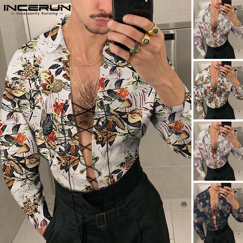 Áo sơ mi INCERUN từ cotton tay dài cổ thắt dây in hoa phong cách vintage tùy chọn màu sắc cho nam