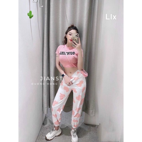💥 Set bộ áo croptop in chữ + quần Jogger bò sữa New Hot Trend💥