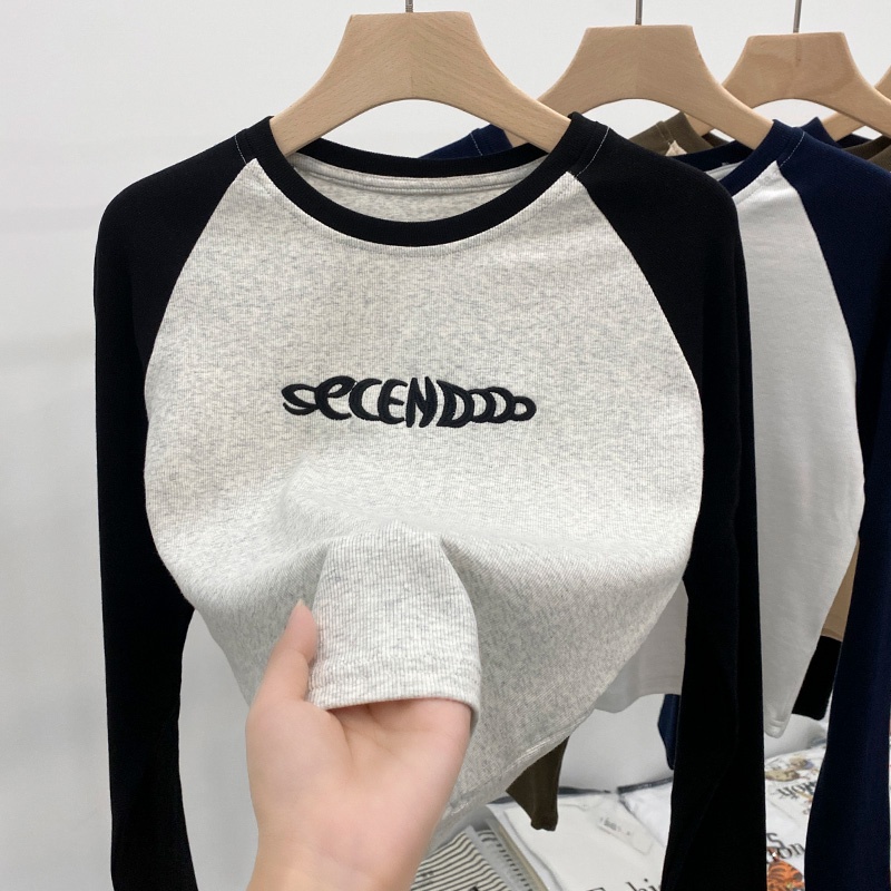 Áo Thun Ngắn Dài Tay Thêu Chữ Màu Sắc Tương Phản Phong Cách Retro Mỹ 54638