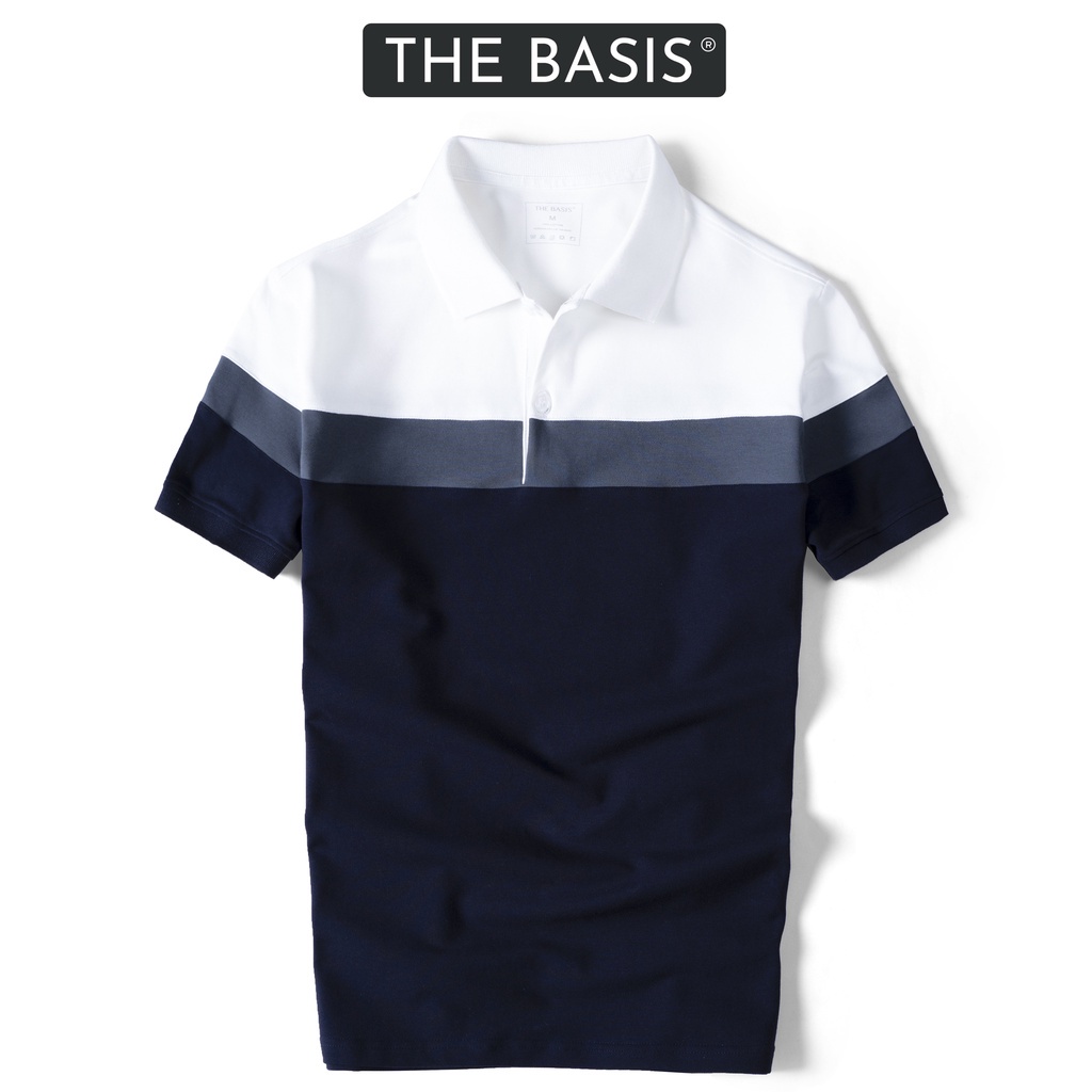 Áo thun Polo nam phối sọc BASIS, cotton cá sấu 100% cao cấp, Basis APL213 Đẹp