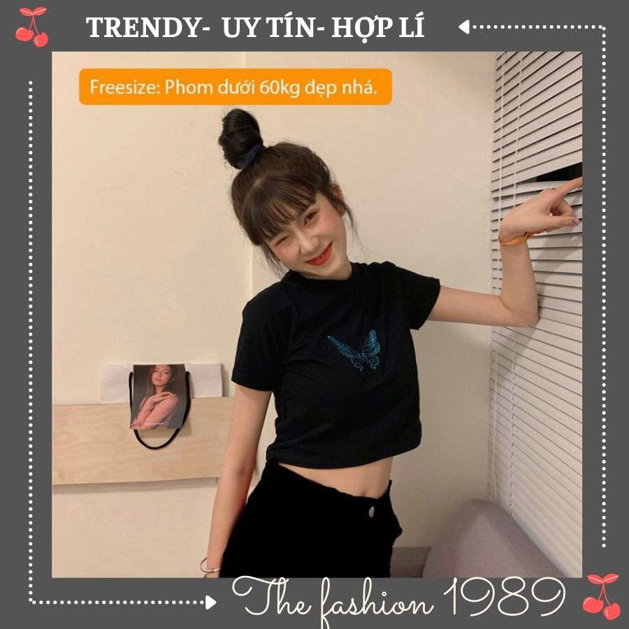 Áo thun Croptop tay ngắn thêu bướm cực xinh - áo croptop  thêu bướm màu trắng đen