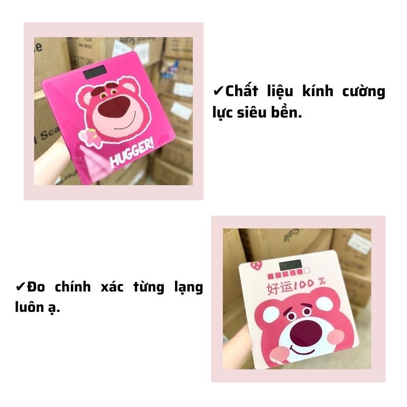 Cân điện tử gấu dâu hồng  3 trong 1: đo cân nặng, hiển thị vạch pin, nhiệt độ phòng hình gấu