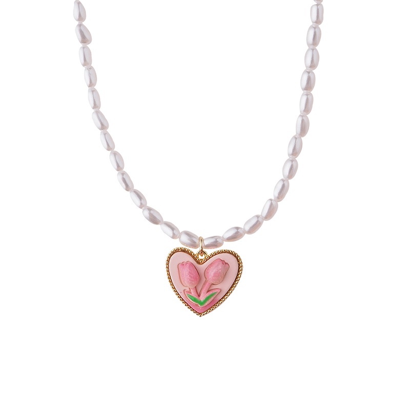 Vòng cổ Mặt Hoa Tulip Hồng Đính Ngọc Trai Thanh Lịch