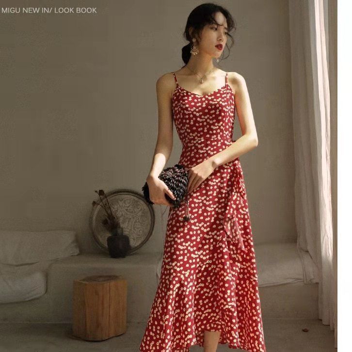 Đầm nữ 2 dây cổ chữ V in hoa thời trang