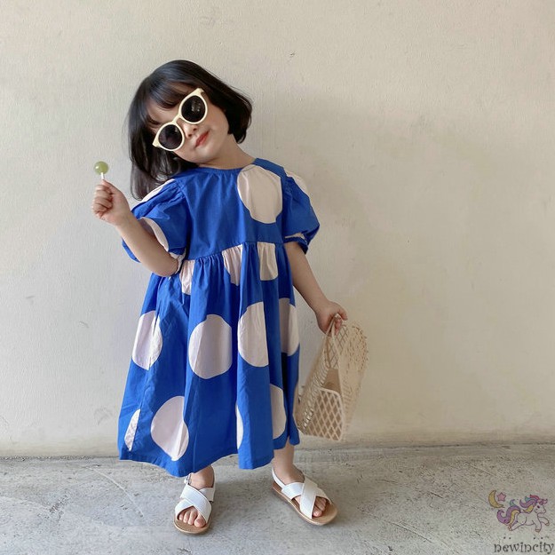 Đầm Công Chúa Cổ Tròn Họa Tiết Chấm Bi Phong Cách Hàn Quốc Đáng Yêu Cho Bé Gái
