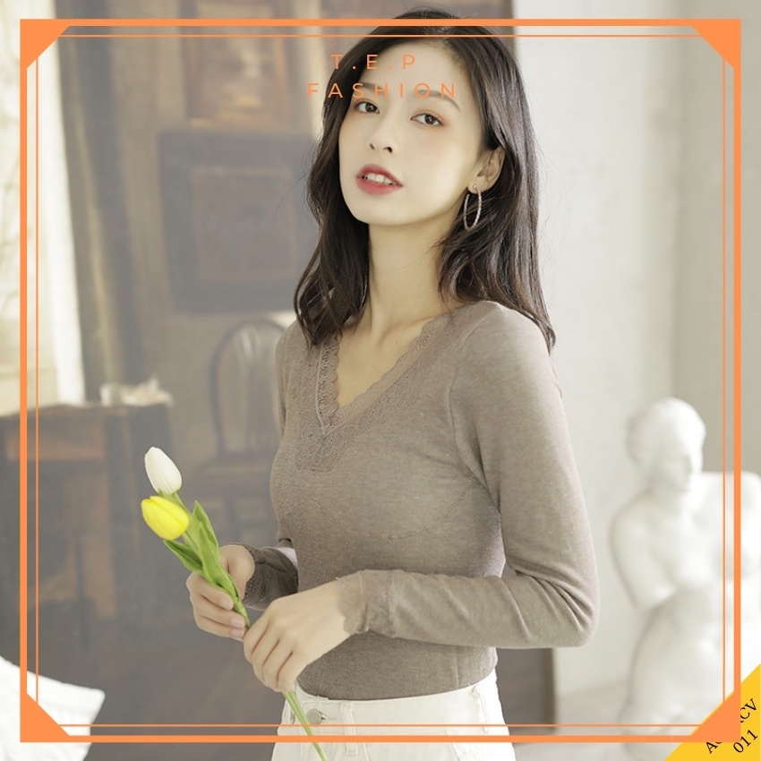 Áo Giữ Nhiệt Ren Nữ Cổ Chữ V,Áo Thun Dài Tay Body Cổ Ren Nữ Cao Cấp Tep Fashion - QT001