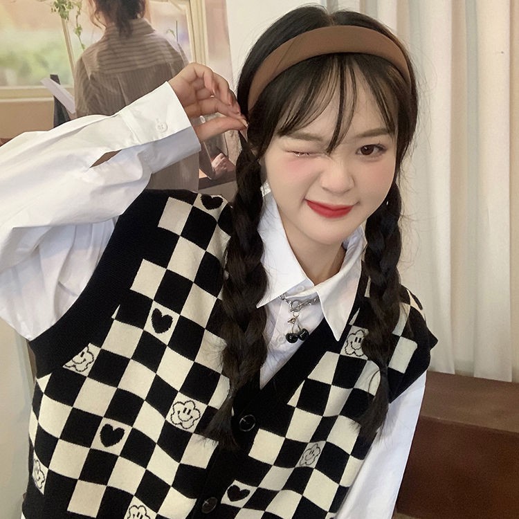 Áo khoác len không tay họa tiết kẻ sọc thời trang mùa thu mới cho nữ