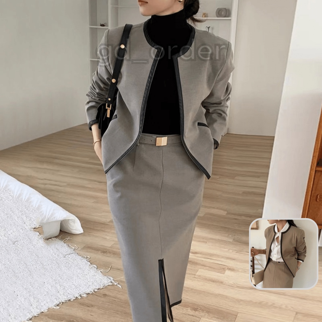 B85|Set bộ vest áo blazer retro cổ tròn hàn quốc cổ điển thanh lịch kèm váy bút chì công sở gd_order