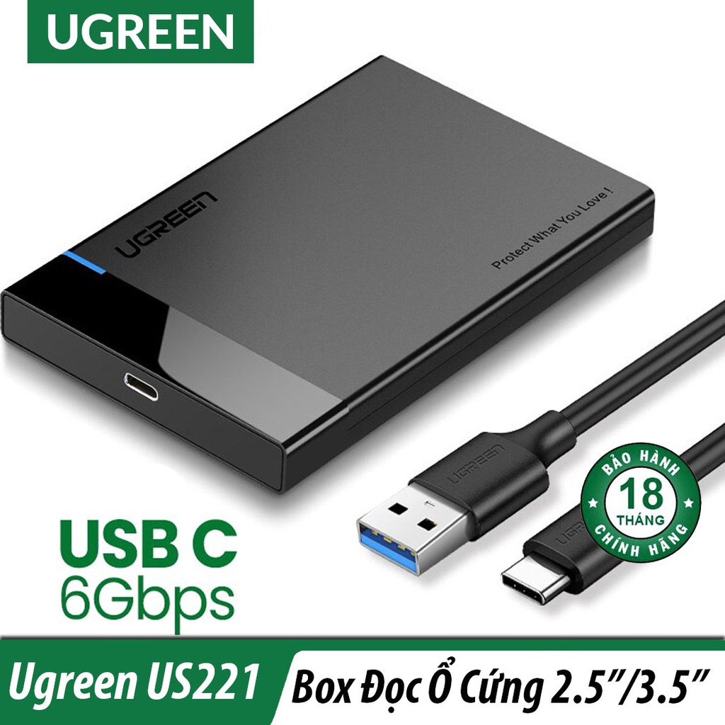 Đầu Đọc Ổ Cứng SATA 2.5"/3.5" Cổng USB Type C cao cấp UGREEN US221- 6Gbps