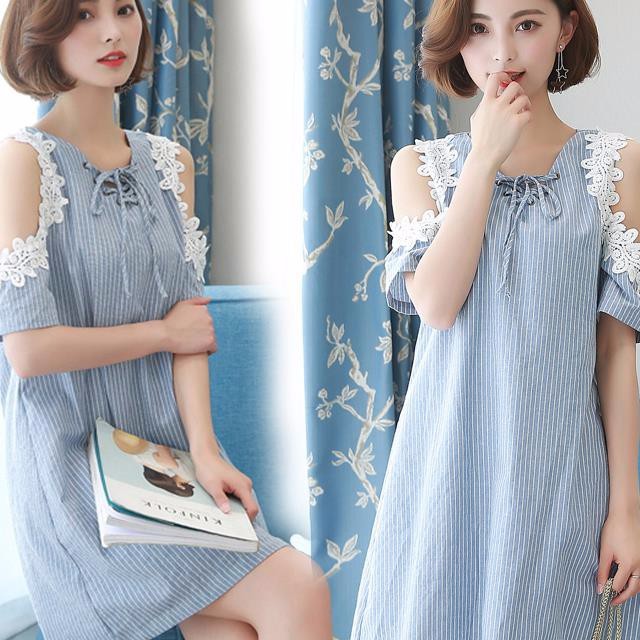 【Quảng Châu Big Size】 Đầm suông big size quảng châu kẻ sọc khoét vai ren ( kèm hình thật )