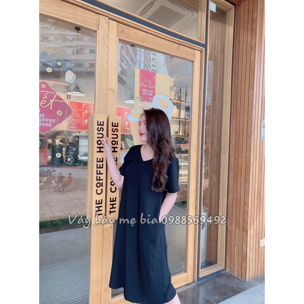Đầm Bầu Công Sở - Váy Bầu GUME màu Đen dáng suông Chéo Lưng tay cộc chất vải sạn lụa size từ 40-100kg MB39- ảnh thật