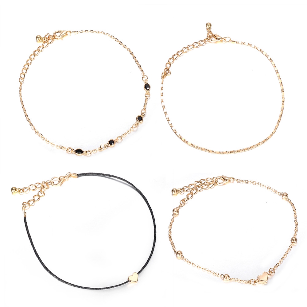 Set 4 lắc chân trang trí mặt đá và trái tim mạ vàng kiểu dáng thời trang