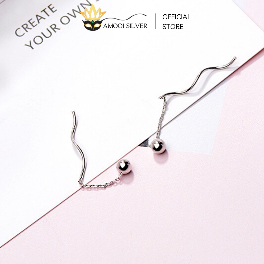 Bông Tai Bạc S925 Mẫu Bi Xoắn Dáng Tua Dài Xỏ Qua Tai - Amooi Silver AB14
