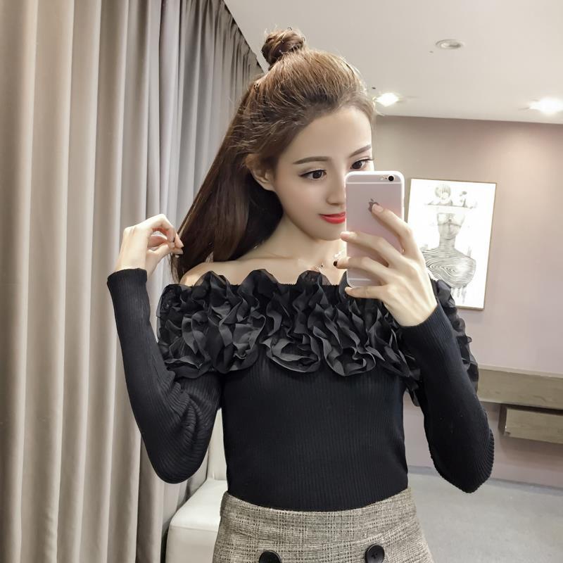 Fall new line neck sweater Korean women's long sleeve tight stretch bottoming shirt short pullover