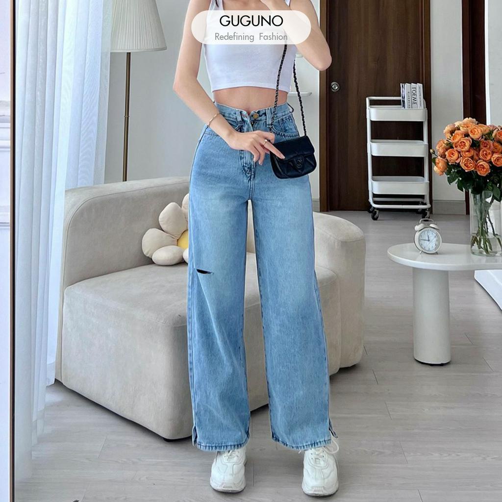 Quần jeans nữ ống rộng cạp cao GUGUNO