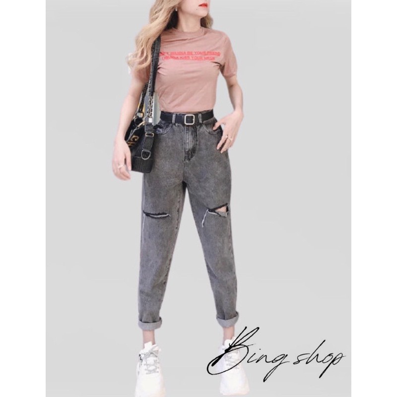 Quần jeans nữ Bingshop - quần baggy jeanx Unisex rách gối màu xám khói cạp cao freeship