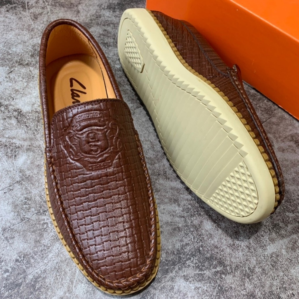 Giày Nam - Giày Lười Nam Da Bò Nguyên Tấm 100% Màu Nâu Kẻ Đan Phong Cách Trẻ Trung Đế Cao Su | BigBuy360 - bigbuy360.vn