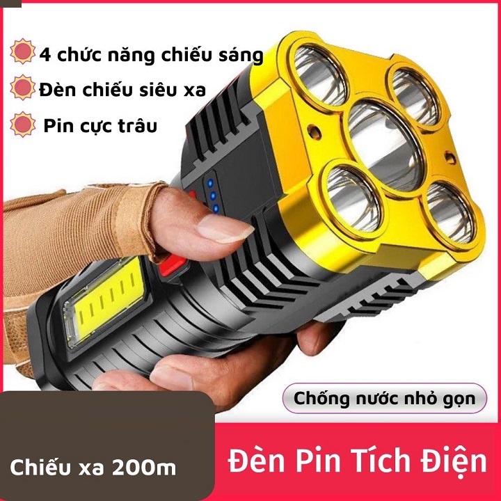Đèn pin siêu sáng cầm tay 5 bóng chiếu xa 200m, chống thấm nước 4 chế độ sáng, đèn pin Led sạc tích điện