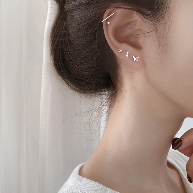 Bộ 5 Khuyên Tai Bạc S925 Hình Bướm Đính Đá Chống Dị Ứng Thời Trang Cho Nữ