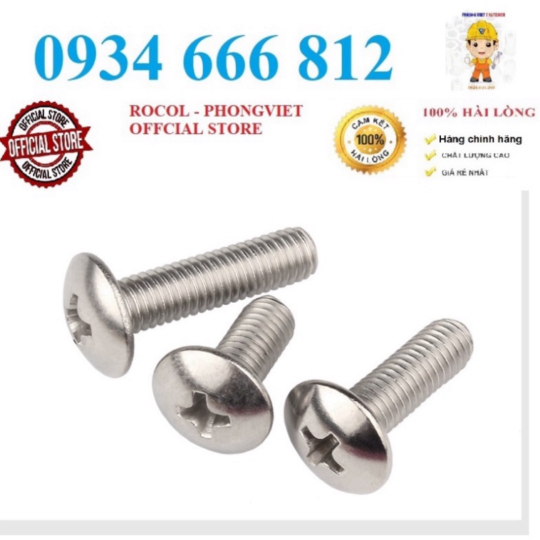 Set 50c vít pake đầu dù thân bulong INOX 304 M4, M4X8, M4X10, M4X12,M4x16, M4x20,M4x25,M4x30