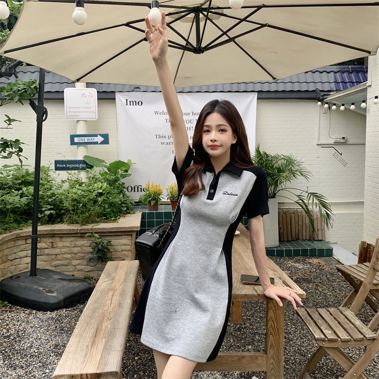 Đầm Cổ polo Tay Ngắn Dáng Ôm Màu Sắc Tương Phản Phong Cách Hàn Quốc Thời Trang Cho Nữ