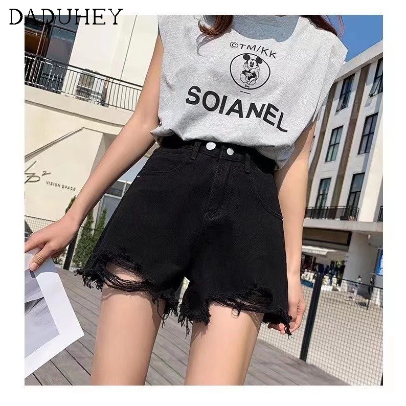 Quần ngắn daduhey vải denim eo cao dáng rộng viền rách thời trang mùa hè 2022 dành cho quý cô