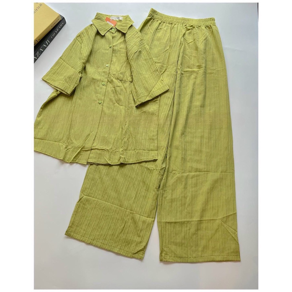 💃 Bộ Áo Sơ Mi Cộc Tay Quần Culottes Nữ Ống Rộng Vải Đũi Xốp 2 Màu