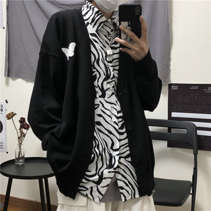 Áo khoác Cardigan cổ chữ v thời trang trẻ trung 222319 Áo khoác dệt kim dáng rộng thêu hình bướm dễ thương