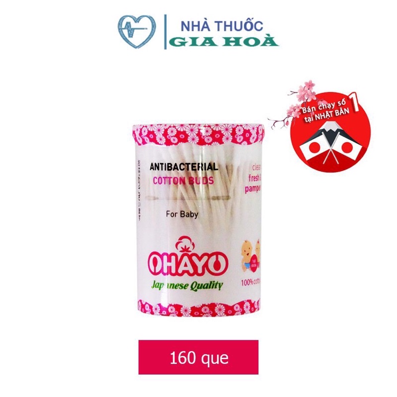 Tăm bông kháng khuẩn Ohayo Baby (tiêu chuẩn Nhật Bản) JP02 xoắn tròn (1 đầu xoắn 1 đầu tròn) cho trẻ em - Lọ 160 que