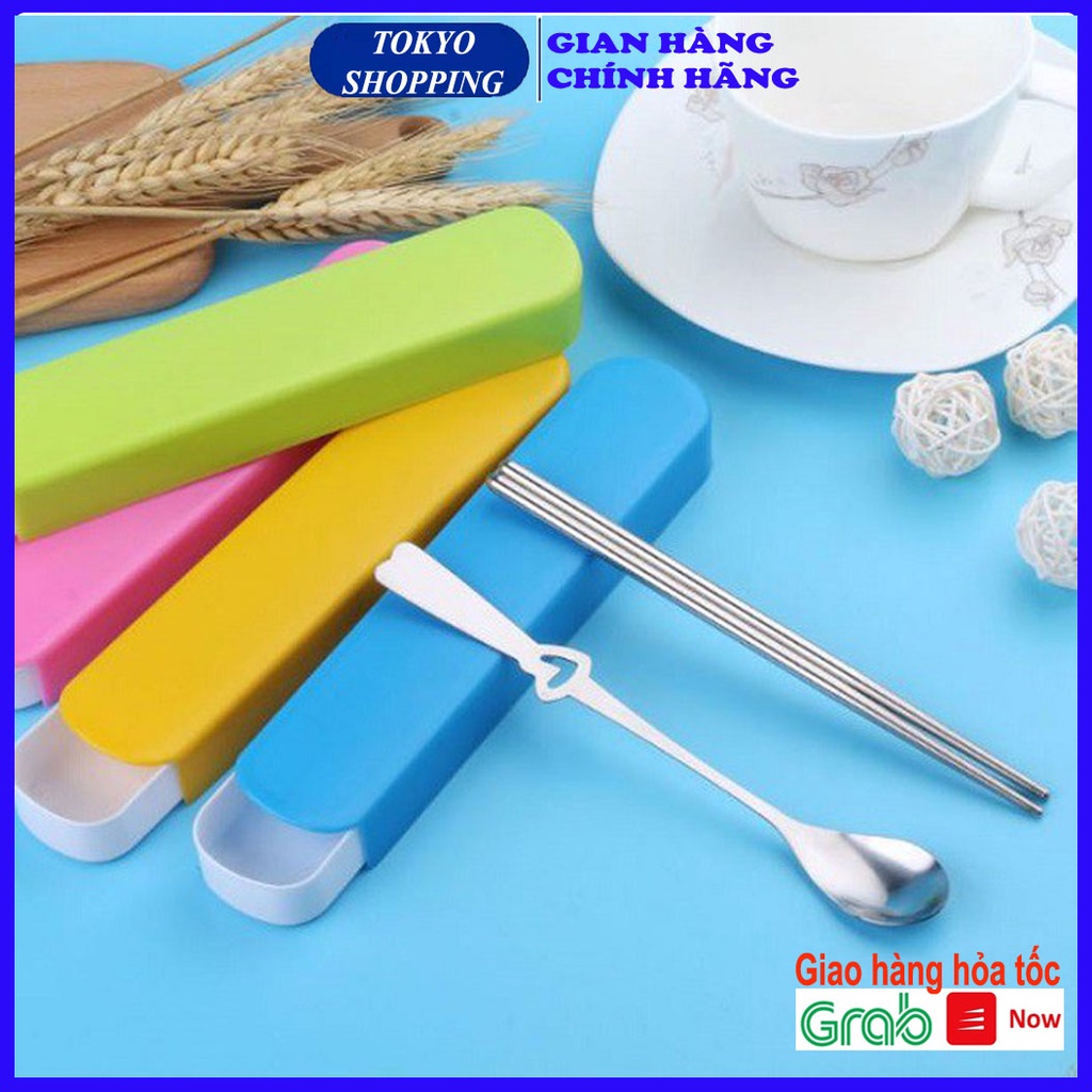 Set đũa thìa inox kèm hộp đựng siêu tiện dụng