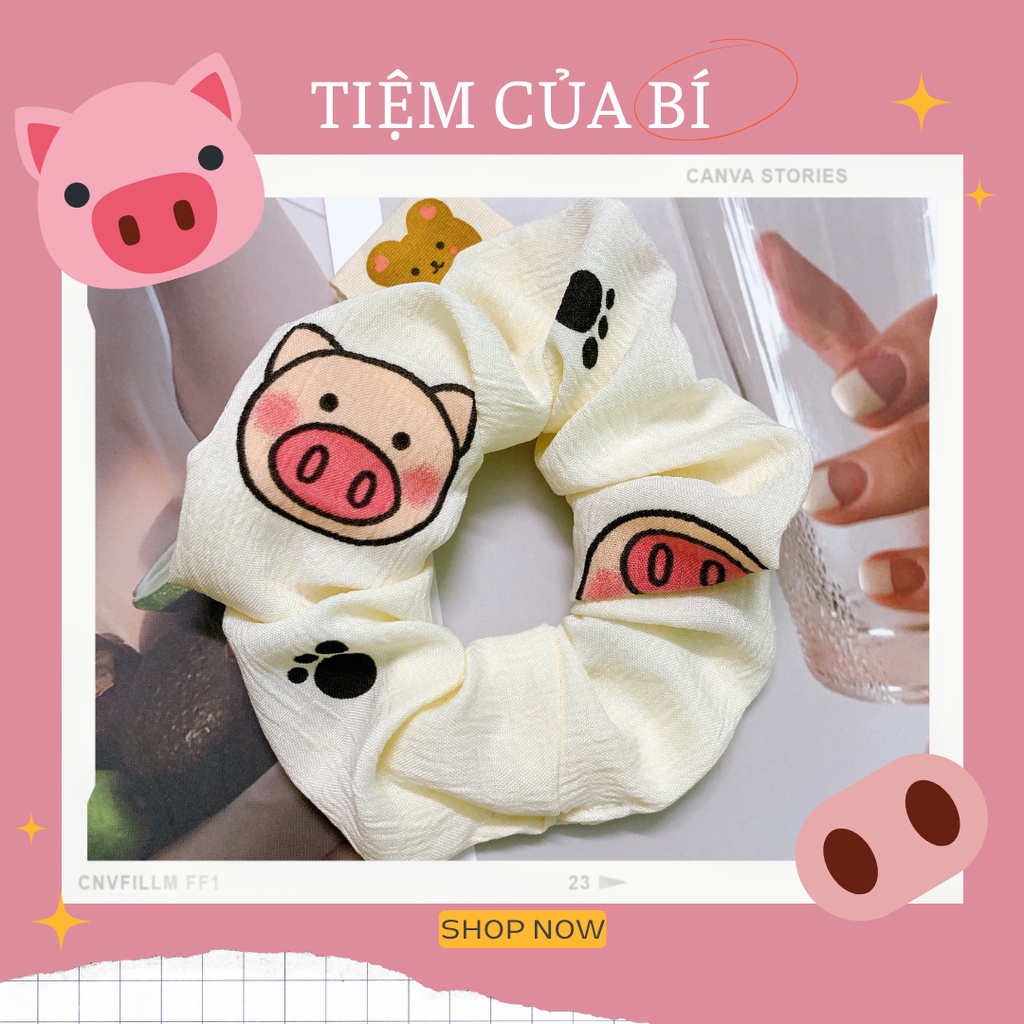 [Handmade] Scrunchies dây buộc tóc họa tiết heo xinh kèm tag gấu dễ thương