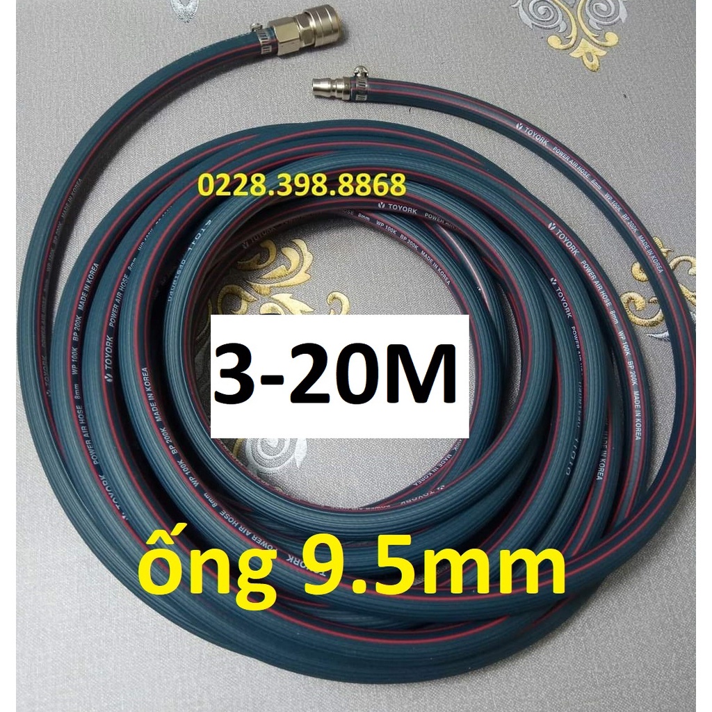 Dây hơi cao su bố vải 3-20m, made in Korea, lỗ 9.5mm, kèm bộ đầu nối nhanh cao cấp (SS2597) (SS1994)