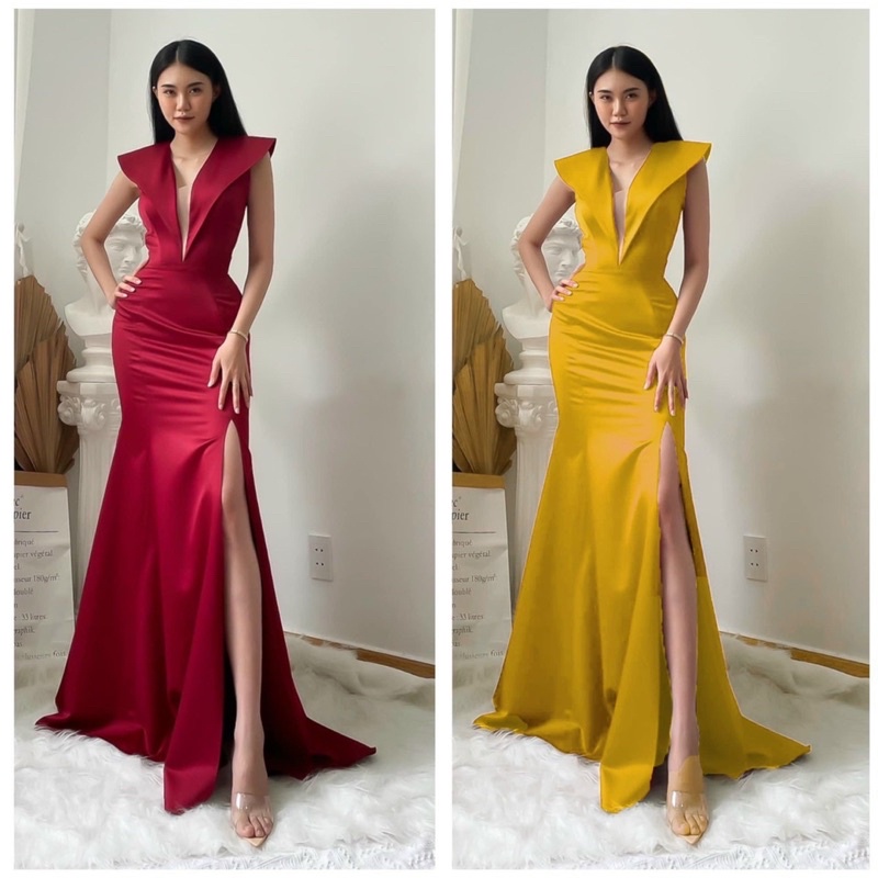 SIZE>62KG ĐẦM DẠ HỘI XẺ TÀ CỔ PHỐI LƯỚI