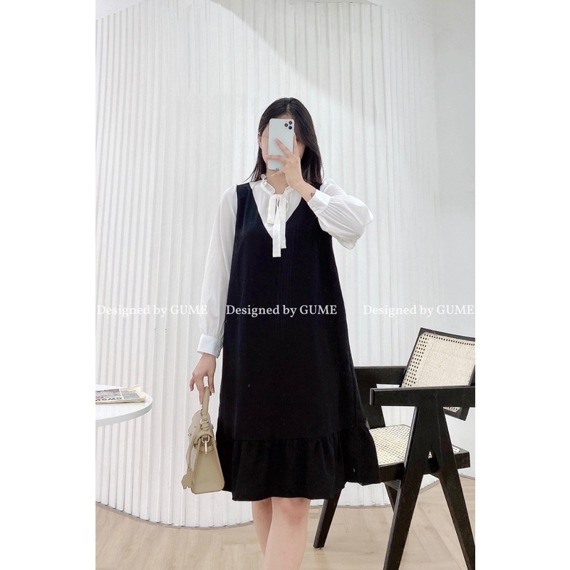 Váy bầu thu đông, đầm bầu thiết kế GuMe- màu đen dáng đuôi cá nhẹ phối trắng giả yếm vải sạn lụa 40-120KG- MB116