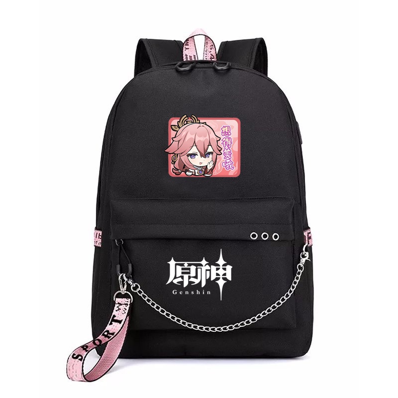 Balo thông minh đen in hình GENSHIN IMPACT ver CHỮ NHẬT anime chibi cặp sách đi học