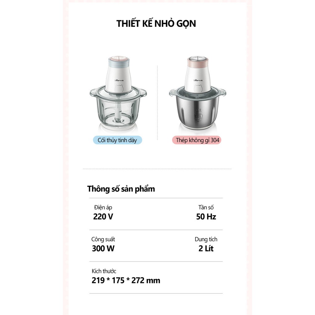 Máy xay thịt cá đa năng cầm tay để bàn BEAR 2L 300W cối thủy tinh , 4 lưỡi dao inox 304