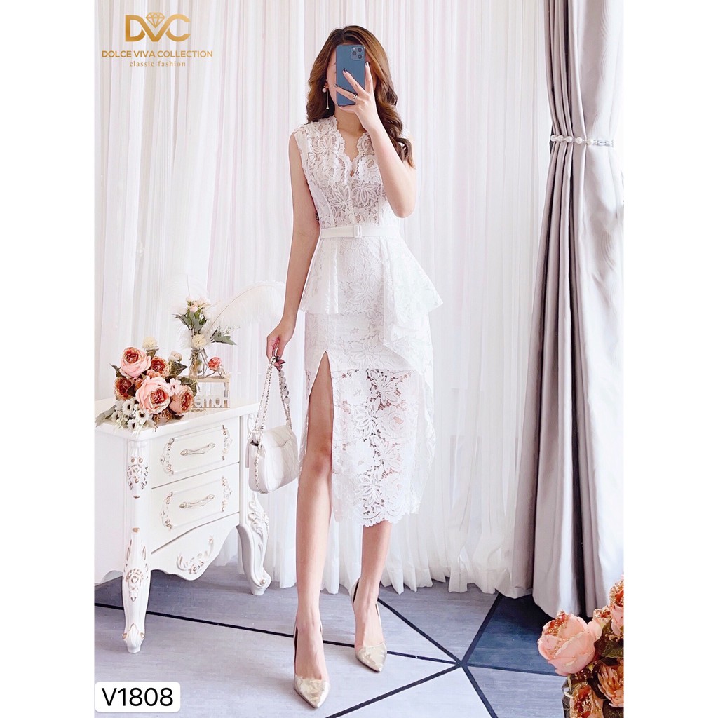Váy ren trắng xẻ đùi sát nách V1808 - Đẹp Shop DVC (Kèm ảnh thật trải sàn do shop tự chụp)