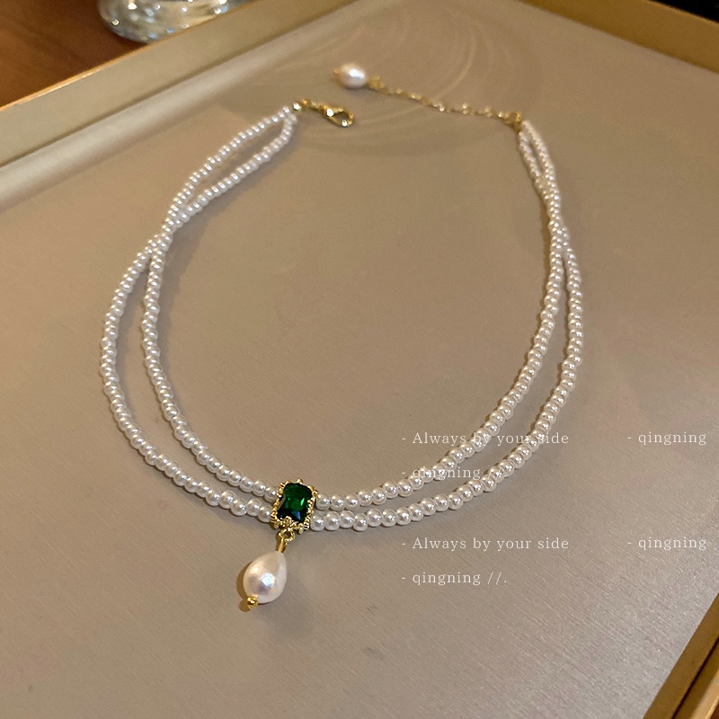 DREJEW Dây chuyền hai lớp đính ngọc trai và đá hình vuông phong cách cổ điển thời trang cho nữ