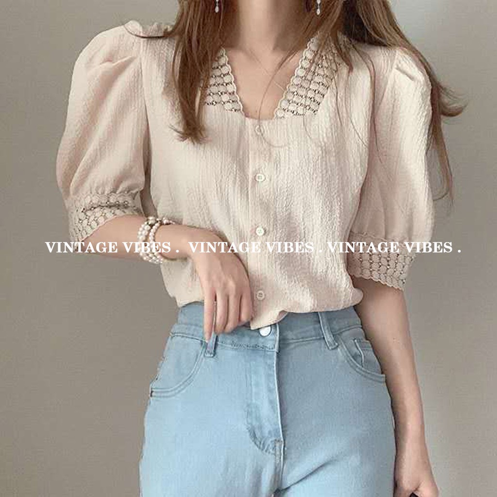 Áo babydoll cổ kiểu ren khâu thanh lịch (hàng QC) - Ảnh thật