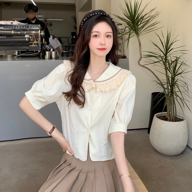 Áo Sơ Mi Tay Phồng Ngắn Cổ Búp Bê Màu Sắc Ngọt Ngào Phong Cách Hàn Quốc Thời Trang Cho Nữ