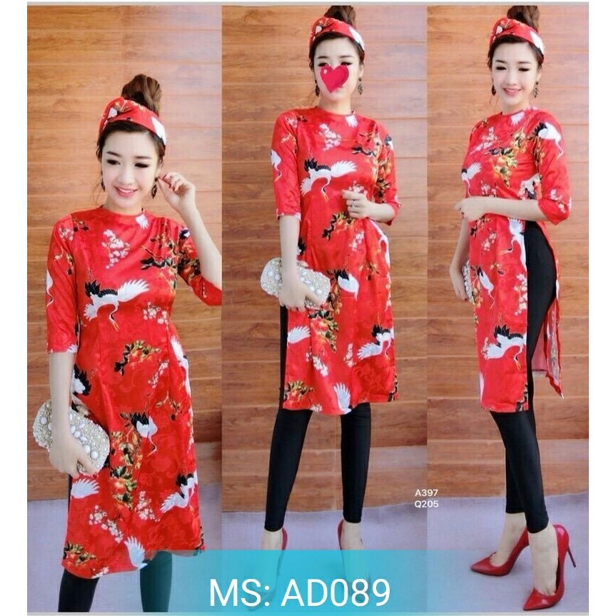 Áo Dài Cách Tân GẤM Có Size lớn XXL HỌA TIẾT CHIM CÒ